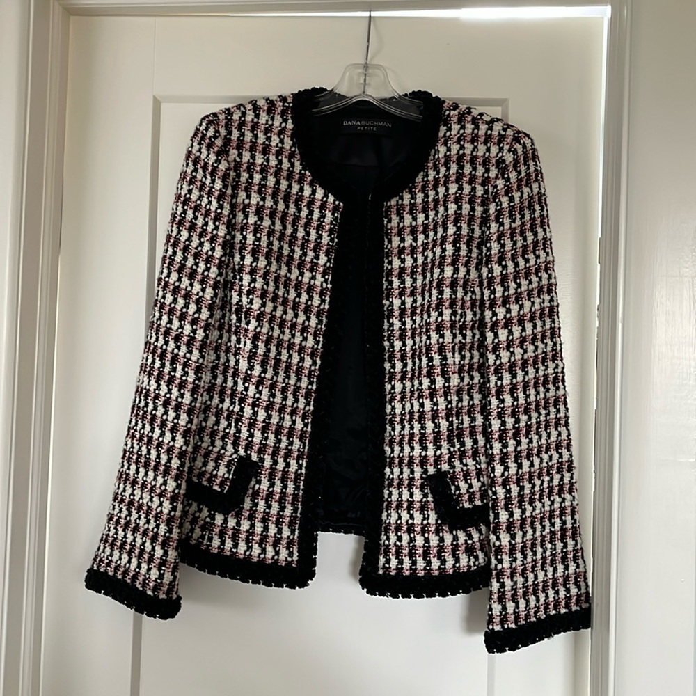 Dana Buchman jacket wool plaid trimmed in black